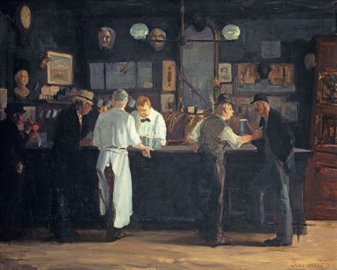 "McSorley's Bar" (1912) by John Sloan (Delaware Art Museum). John Sloan, Ashcan School, American Realism, Old Bar, Detroit Institute Of Arts, Edward Hopper, Oil Painting Reproductions, Realism Art, Caravaggio