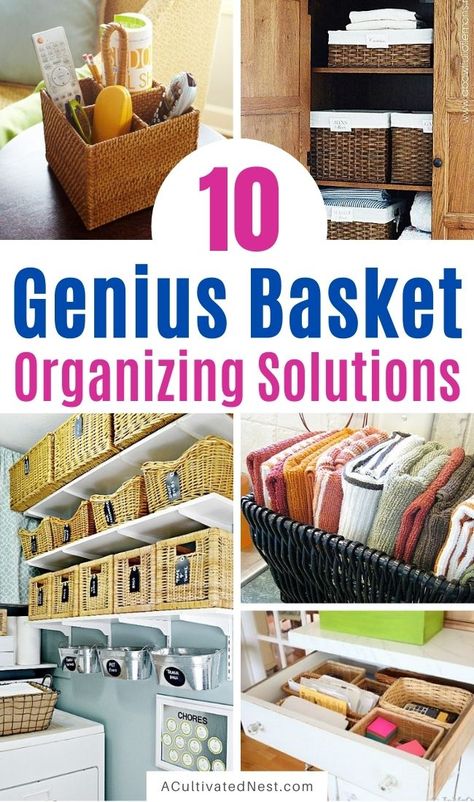 Baskets For Organizing, Closet Hanging Baskets, Bathroom Basket Storage Ideas, Storage Baskets On Shelves, Mail Basket Ideas, How To Use Baskets For Storage, Hanging Storage Baskets On Wall, Basket Label Ideas, Organize With Baskets