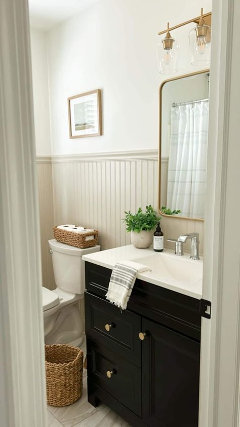 Small Bathroom Ideas Black Vanity, Half Bath With Black Vanity, Half Bathroom Lighting, Powder Room Beadboard, Headboard Bathroom, Full Bathroom Ideas, Small Full Bathroom Ideas, Half Bathroom Ideas, Farmhouse Bathrooms