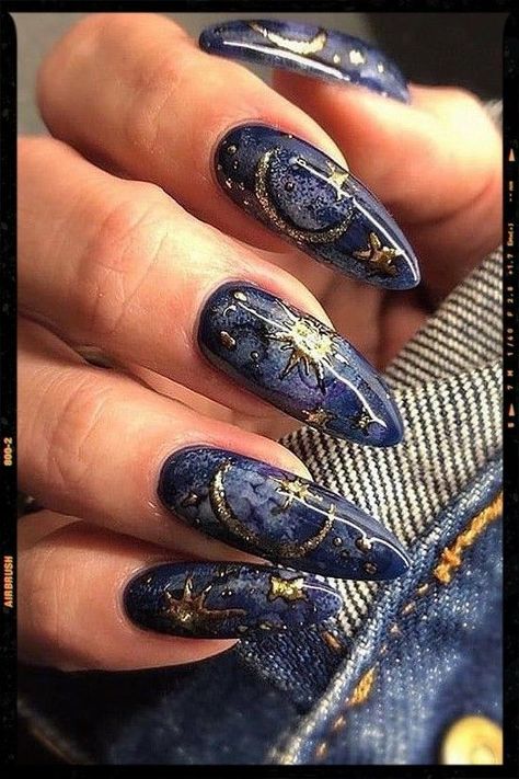 Warning: These nail art ideas may cause extreme jealousy and an overwhelming desire to promptly schedule your next appointment at the salon! So, if you’re not prepared to have the most enviable nails in town, it may be best to turn back now.  . Nails Cheetah, Dark Blue Nails, Witch Nails, Witchy Nails, Sky Nails, Moon Nails, Simple Nail Art Designs, Blue Nail, Nails Polish