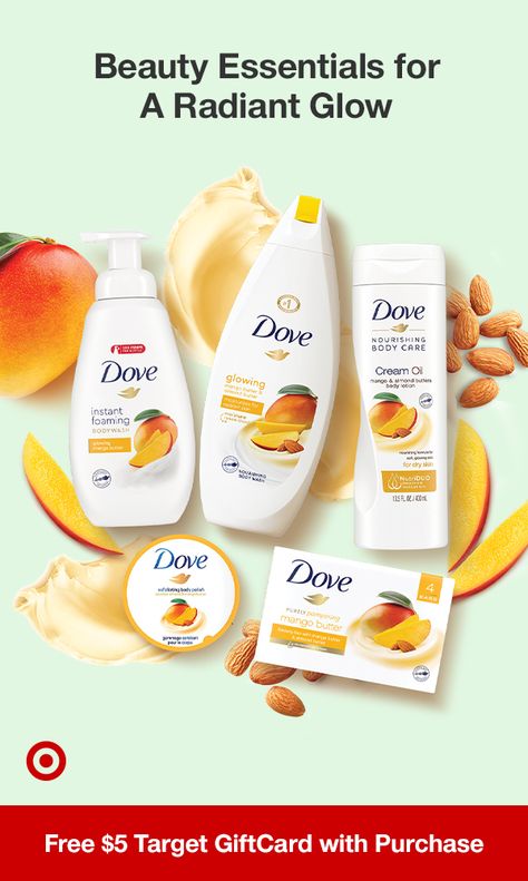 Get a free $5 Target GiftCard when you buy 4 select personal care items. Indulge your senses with this rich, buttery formula & mouthwatering fragrance of Dove Mango + Almond Butter items. The body wash, beauty bar soap, cream oil & body polish scrub will give you moments of pampering with every use – so you start your day with a radiant glow. Terms & conditions apply to gift cards. Dove Glowing Body Wash, Dove Cream Oil, Dove Mango Body Wash, Dove Body Care Routine, Best Dove Body Wash, Dove Body Care, Dove Mango, Body Wash Routine, Dove Body Polish