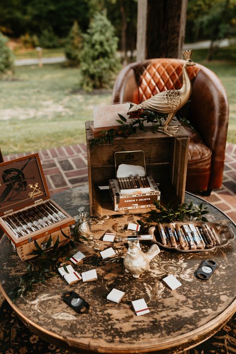 Cigar station for a wedding at a Historic Shady Lane in Central Pa Wedding Cigars Ideas, Whiskey Display Ideas, Bourbon Bar Wedding, Speakeasy Wedding Reception, Cigars Wedding, Cigars Bar, Whiskey And Cigars, Historical Wedding, Speakeasy Wedding