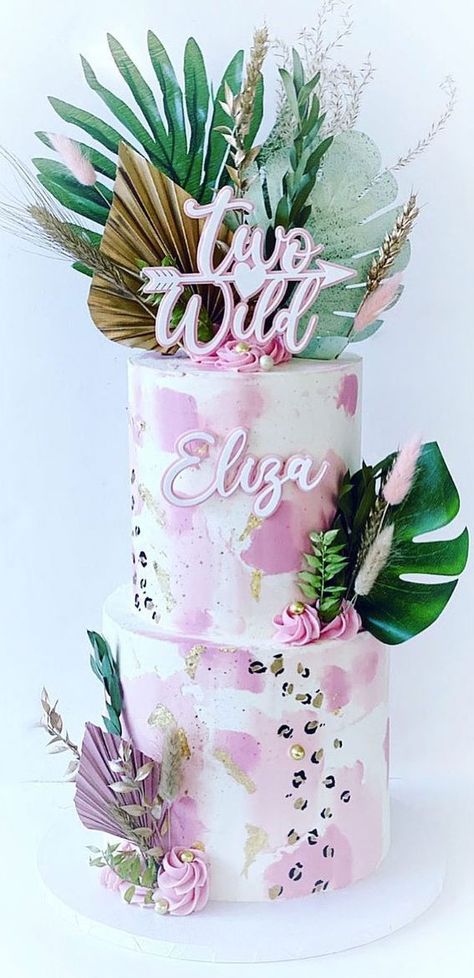 Forever Wild Birthday Cake, Pink Safari Cake Ideas, Pink Wild One Cake, Born To Be Wild Cake, Two Wild Birthday Party Girl Centerpieces, Wild And 3 Birthday Cake, Wild Two Birthday Cake, Girly Jungle Birthday Party, Pink Jungle Party