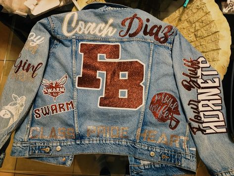 Jean Jacket Baseball Outfit, Cheer Coach Jean Jacket, School Spirit Jean Jacket, Cheer Jean Jacket, Senior Jean Jacket, Teacher Jacket, Baseball Gf, Hoco Pants, Football Son