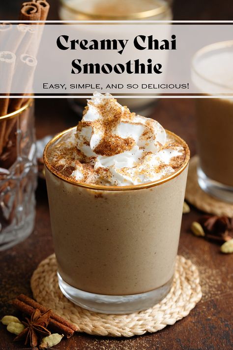 This Chai Smoothie is creamy, flavorful, and perfect for anyone who loves chai lattes! You only need a few ingredients it comes together in just 5 minutes. Add a shot of espresso for a dirty chai latte smoothie! Iced Chai Protein Shake, Chai Smoothie Recipes, Vanilla Chai Smoothie, Chai Tea Smoothie, Dirty Chai Latte, Chai Smoothie, Thyme Simple Syrup, Mint Simple Syrup, Shot Of Espresso