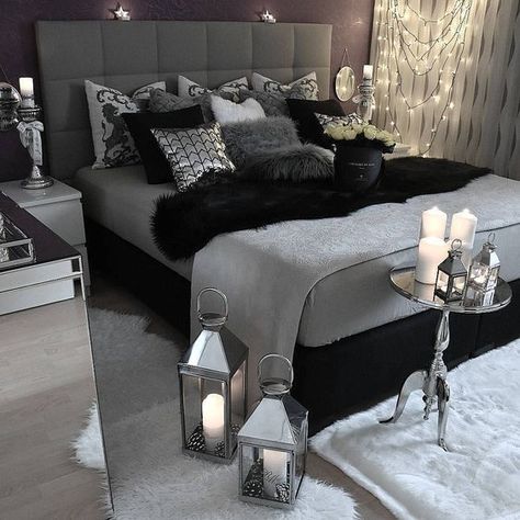 This is one example of creating a dark room with gray. It uses a lot of darker shades as well as black accent pieces to get a very deep look, with just a little lighting on the side to warm things up. Black And Grey Bedroom, Black And White Bedroom, Silver Bedroom, Bedroom Ideas For Couples, Grey Bedroom Decor, Bedroom Decor For Couples, Gold Living Room, Eclectic Bedroom, Black Bedroom