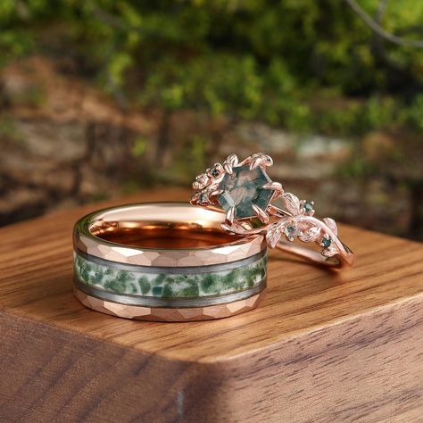 His Ring Details: Metal Type: Tungsten Carbide moss agate  Band Width: 8 mm Her Ring  Details: Metal Type: 925 Sterling Silver Center Stone: moss agate  Center Carat Weight: hexagon cut 1.35CT (7mm)   Side Carat Weight: 0.22ctw Band Width: 1.5mm SKU: R2870X+ MB0013 Accessories: *Shipped with beautiful ring box; *Directly price from Manufacturer, 1/3 the price from Jewelry Store; - Ethically Sourced Wedd Rings Sets, Engagement Rings Lord Of The Rings, Woodland Wedding Rings, Wedding Bands For Men And Women, Forest Green Ring, Moss Agate Couple Rings, Moss Aget Rings, Wedding Rings Matching His And Hers, Matching Moss Agate Wedding Rings