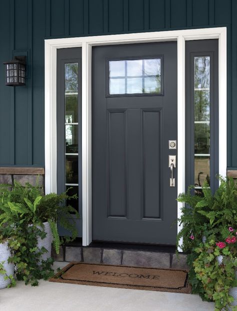 One of ProVia’s newest colors for 2020 is Nightfall, a dark grey that pairs well with so many other colors! This staple shade is a great base against bolder colors, and a great contrasting option against lighter hues on the home. #ProVia #Nightfall #door #frontdoor #entrydoor #homeimprovement #WendelHomeCenter Provia Doors, Custom Exterior Doors, Exterior Door Colors, House Front Door Design, Front Door Styles, Steel Entry Doors, Entry Doors With Glass, Front Door Paint Colors, Black Front Doors