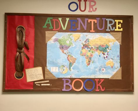 Up Themed Door Decorations, Disney Pixar Classroom Theme, Adventure Is Out There Bulletin Board, Travel Bulletin Board Ideas Classroom, Up Theme Bulletin Board, Disney Up Classroom Theme, Rapunzel Bulletin Board, Up Movie Classroom Theme, Up Classroom Theme Pixar