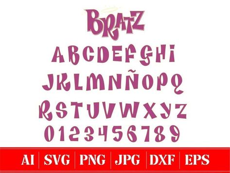 Bratz Alphabet Font, Bratz Writing, Bratz Font Canva, 90’s Font, Bratz Alphabet, Y2k Handwriting, Summer Fonts Alphabet, Bratz Lettering, 2000s Font