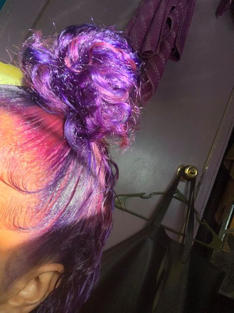 Pink And Purple Dyed Hair, Pink Skunk Stripe, Purple Natural Hair, Hair Stripes, Skunk Stripe, Pink Hair Dye, Girl Hair Colors, Peekaboo Hair, Quick Natural Hair Styles