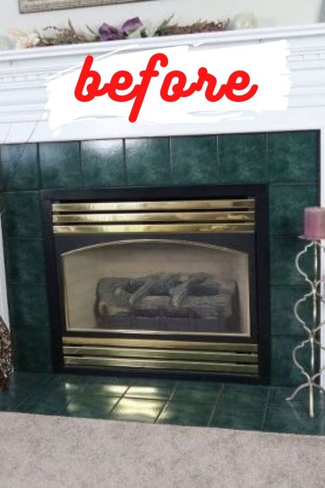 Builders Fireplace Makeover, Old Fireplace Makeover Tile, Fireplace Updates Ideas, How To Frame A Fireplace, How To Paint Tile On Fireplace, Fireplace Makeover On A Budget, Paint Old Fireplace, Paint Fireplace Floor Tile, Painting Gas Fireplace Surround