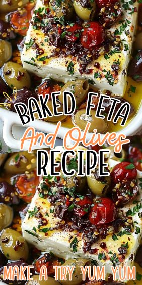 Baked Feta and Olives Baked Feta And Olives Recipe, Baked Feta With Olives And Sundried Tomatoes, Feta Olive Bake, Feta Cheese Appetizers Appetizer Ideas, Baked Feta Olives, Mediterranean Baked Feta Dip, Whipped Feta With Olives, Baked Feta And Olives, Feta Cheese Appetizer Recipes