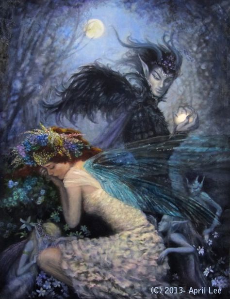 OBERON AND TITANIA BY APRIL LEE Titania And Oberon, Oberon And Titania, Oberon Fairy King, Oberon A Midsummer Nights Dream, King Oberon And Queen Titania, Midsummer Nights Dream Aesthetic, Fairy Queen Illustration, Titania Fairy Queen Dnd, Dark Fairytale Aesthetic