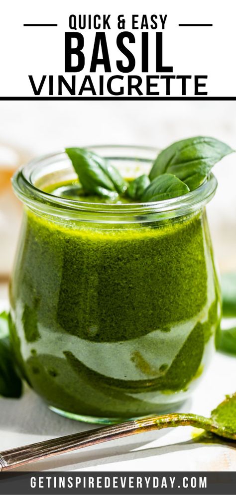 This Basil Vinaigrette is like summer in a jar and you can use it in any number of ways! This easy-to-make homemade dressing comes together in the blender in just a few minutes of prep time. From there you can drizzle it over your favorite salad, toss it together with cooked potatoes, or use it for your next pasta salad. It’s packed with fresh basil flavor and my favorite way to use it is drizzled over vine-ripe tomatoes all summer long. Lemon Basil Vinaigrette, Cooked Potatoes, Basil Vinaigrette, Vinaigrette Salad, Champagne Vinegar, Basil Recipes, Vinaigrette Recipe, Favorite Salad, Healthy Salad Dressing