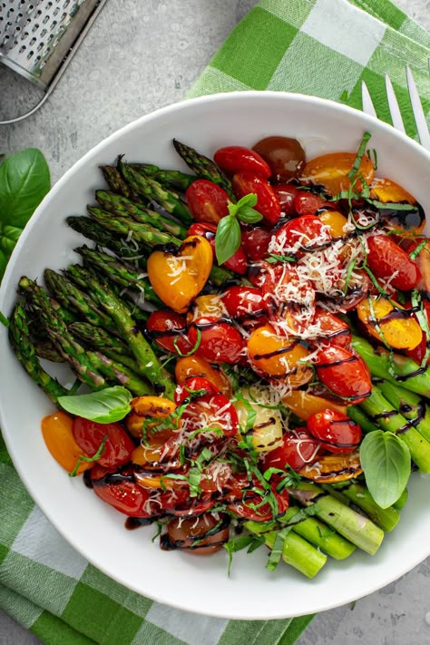 A flavorful way to enjoy asparagus and tomatoes. Roasting highlights the natural sweetness, while the balsamic vinegar offers a tangy compliment to the fresh roasted vegetables. #roasted #vegetables #tomatoes #asparagus #easy Easy Tomato Recipes, Asparagus And Tomatoes, Tomato Girl Summer, Veggie Side Dish Recipes, Tomato Girl, Thanksgiving Dinner Menu, Tomato Season, Roasted Vegetable Recipes, Thanksgiving Menu Ideas