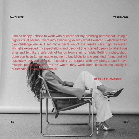 KIND WORDS 🖤 "I am so happy I chose to work with Michelle for my branding photoshoot. Being a highly visual person I went into it knowing exactly what I wanted - which at times can challenge me as I set my expectation of the results very high. However, Michelle exceeded my expectations and beyond! She listened deeply to what I was after and felt like a safe pair of hands from start to finish. Getting a photoshoot done can have its vulnerable moments but Michelle is warm, kind, funny and will... Become A Member Design, Branding Shoot Ideas Outside, Editorial Branding Photoshoot, Neutral Branding Photoshoot, Homebody Photoshoot, Doctor Branding Photoshoot, Self Branding Photoshoot, Brand Designer Photoshoot, Social Media Manager Branding Photoshoot