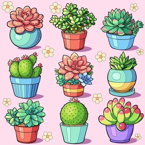 Pot Plant Drawing, Cute Plant Drawings, Drawing Succulents, Plant Drawings, Succulents Drawing, Vector Portrait Illustration, Plant Doodle, Interesting Drawings, Doodle Art Flowers