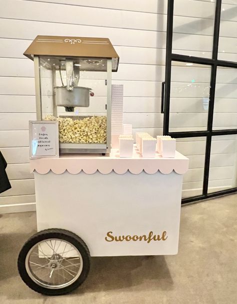 Popcorn Machine Birthday Party, Cotton Candy And Popcorn Stand, Aesthetic Popcorn Machine, Popcorn Machine Cart Diy, Popcorn Stand Wedding, Popcorn And Cotton Candy Stand, Popcorn Machine Stand Ideas, Diy Popcorn Machine Stand, Cotton Candy Machine Aesthetic