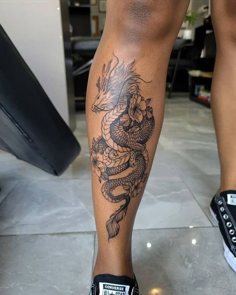 Shin Woman Tattoo, Shin Tattoo Ideas, Shin Tattoos, Dancing Dragon, Cover Up Tattoos For Women, Cute Thigh Tattoos, Shin Tattoo, Dragon Tattoo For Women, Black Girls With Tattoos