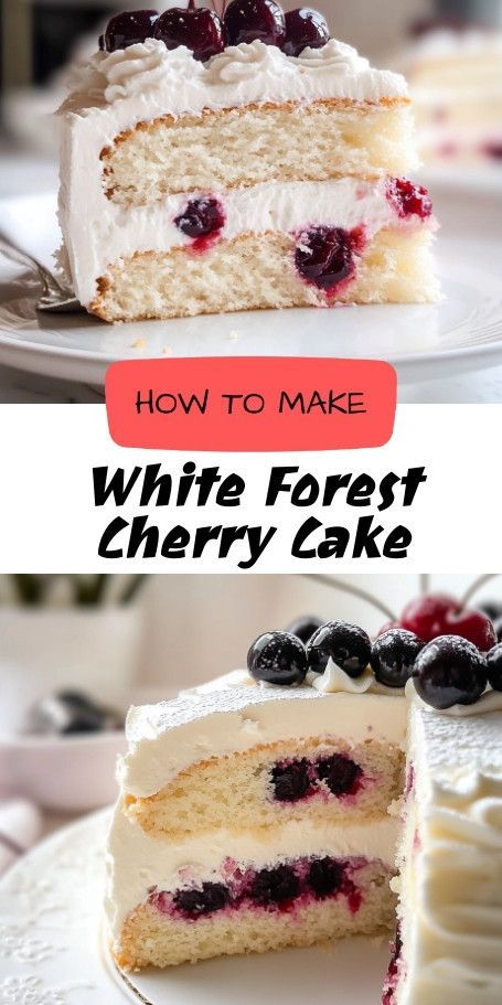 White Forest Celebration Cake Recipe: Delightful Vanilla, Cherry & Cream Layers Discover a luscious twist on a favorite with the White Forest Celebration Cake. Moist vanilla layers infused with cherry syrup, topped with whipped cream, cherries, and white chocolate shavings make it perfect for any festivity. Wow your guests with every slice of this exquisite dessert! ..... Mini Cake Recipe 6 Inch, Cherry Filling For Cake, White Cake With Fruit, Small Cake Recipes, Cake With Cherries On Top, Forest Celebration, White Forest Cake Recipe, White Forest Cake, Twilight Cake