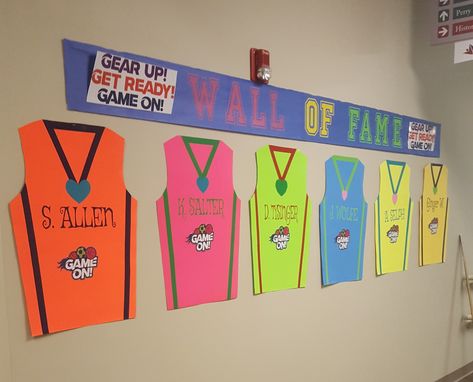 thinking something like this might be a fun classroom theme Basketball Theme Door Decorations, Handball, Sport Classroom Decorations, Classroom Decor Sports Theme, Sport Themed Classroom Ideas, Sports Theme Day At School, Olympic Themed Back To School, Sport Theme Decorations, Champion Vbs Decorations