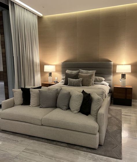 Grey Couch Bedroom Ideas, Sofa In Front Of Bed Master Bedrooms, Bedroom Sofa In Front Of Bed, Couch Against Bed, Couch At End Of King Bed, Couch In Front Of Bed Master Bedrooms, Studio Apartment Couch In Front Of Bed, Couch In Front Of Bed Studio, Master Bedrooms With Couches