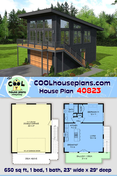 Modern, apartment over garage parking design 40823, a contemporary style garage apartment plan with one bedroom and one bathroom. The apartment has 650 square feet of living space with an open floor plan and wonderful upper-level deck. Drive-under parking is available for 2 vehicles, and the dimensions are 23' wide by 28'3 not including the deck and outside staircase. This narrow-lot garage apartment plan is an excellent option for a detached garage plus living space. #CarriageHouse 1 Bedroom Garage Apartment Plans, House Over Garage, Garage With Living Quarters One Level, Garage Under House Plans, Garage Plans With Living Quarters, Garage Under House, Modern Carriage House, Garage Apartment Floor Plans, Garage With Living Quarters