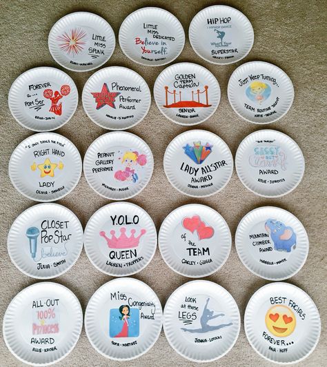 Paper Plate Awards                                                                                                                                                                                 More Party Awards Ideas, Diy Awards Ideas, Dance Awards Ideas, Cheer Banquet Award Ideas, Cheer Award Ideas, Gymnastics Banquet Ideas, Dance Team Awards Ideas, Paper Plate Awards For Cross Country, Office Paper Plate Awards