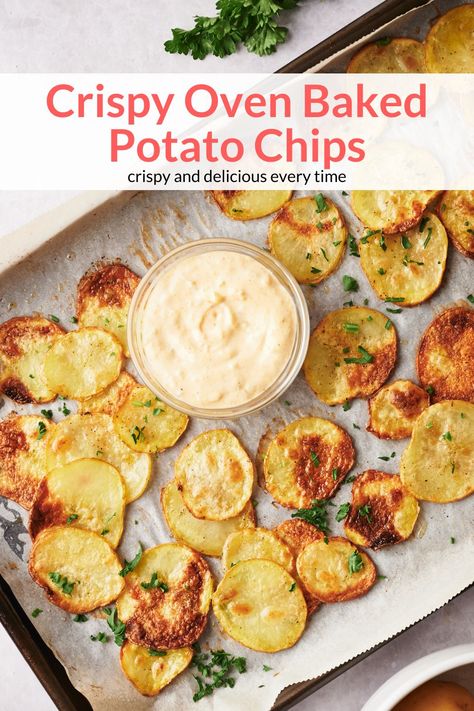 You won't believe that these crispy homemade potato chips were baked in the oven. They are healthy, delicious, and can be seasoned in so many ways. #sidedish #snack #kidfriendly #quickandeasy #bakedpotatochips Healthy Potato Chips Recipe, Baked Sweet Potato Chips Oven, Healthy Homemade Potato Chips, Homemade Potato Chips Baked, Healthy Potato Snacks, Homemade Potato Chips In Oven, Baked Potato Chips In Oven, Cabbage Roll Casserole Recipes, Healthy Chips Homemade