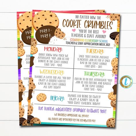 "Cookie Theme Teacher Appreciation Week Itinerary Flyer Template. Use this schedule of events for your appreciation week!  Works great for schools, churches, hospitals, businesses and more!  All text is editable so you can use for nurse appreciation, employee/staff appreciation and more! TEMPLATE FORMATTED SIZE: 8.5\" x 11\"  IMPORTANT: This is a DIY self-editing digital, printable product - I do not edit this file for you.  However, I do offer editing services at an extra charge, please reach o Nurse Spirit Week Ideas, Staff Appreciation Theme Week, Nurse Appreciation Week Themes, Work Theme Days, Rehab Week Ideas National, Nurses Week Food Ideas, Hospital Week Themes, Employee Appreciation Week Themes, Hospital Week Ideas