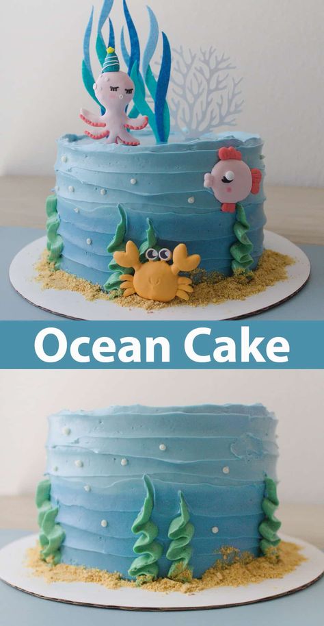 Ocean Cake - Childhood Magic Cake Ocean, Ocean Birthday Cakes, Edible Sand, Ocean Cake, Fish Cake Birthday, Underwater Birthday, Ocean Theme Birthday, Ocean Birthday Party, Ocean Cakes