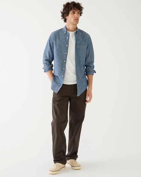 J.Crew: Organic Cotton Chambray Shirt In One-year Wash For Men Denim Shirt Outfit, Mens Work Outfits, Shirt Outfit Men, Men's Casual Shirts, Outfits Hombre, Denim Shirt Men, The Mistake, Men Fashion Casual Outfits, Casual Work Outfits