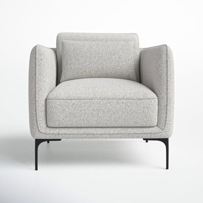 Elevate your space and get off your feet. This modern armchair, boasting sewn pillow back design and solid black legs, is upholstered in a luxe blend of polyester, linen, and cotton. We love that its contemporary silhouette is filled with a feather blend for a cozy seating experience. The square arms and metal legs create that mid-century modern look. Plus, it's water-resistant, so bring on the kids and pets. Fabric: Gray Performance Heathered | Armchair - AllModern Rae Upholstered Armchair 32.3 Overstuffed Armchair, Armchairs Living Room, Living Room Accent Chairs, Armchair With Ottoman, Cozy Seating, Fabric Gray, Grey Armchair, Upholstered Armchair, Modern Armchair