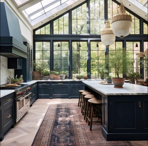 Kitchens With Natural Light, Kitchen In Conservatory, Industrial Home Interior Design, Sunroom Kitchen Ideas, Conservatory Interior Design, Kitchen Huge Island, Industrial Open Kitchen, Conservatory Addition To House, Kitchen Additions Back Of House