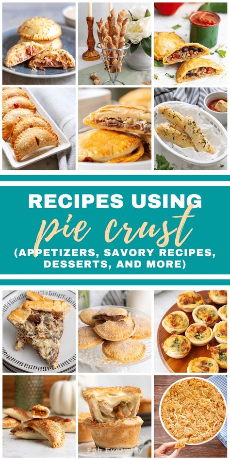 Over the years I’ve experimented with lots of recipe ideas for pie crust and different ways to use pie crust, as it's one of my favorite recipe shortcuts. I’m sharing a collection of the best recipes using pie crust, including savory recipes using pie crust, pie crust appetizers, desserts with pie crust, and more ideas for pie crust. If you’re looking for easy things to make with pie crust click or visit FabEveryday.com for all the recipes! Ready To Use Pie Crust Recipes, Pie Crust Cream Cheese Desserts, Recipes That Use Pie Crust Dinner, Pie Crust Supper Ideas, Unique Pie Crust Recipe, Pillsbury Pie Crust Recipe, One Pie Crust Recipe, Appetizer Recipes With Pie Crust, Using Pie Crust Recipes