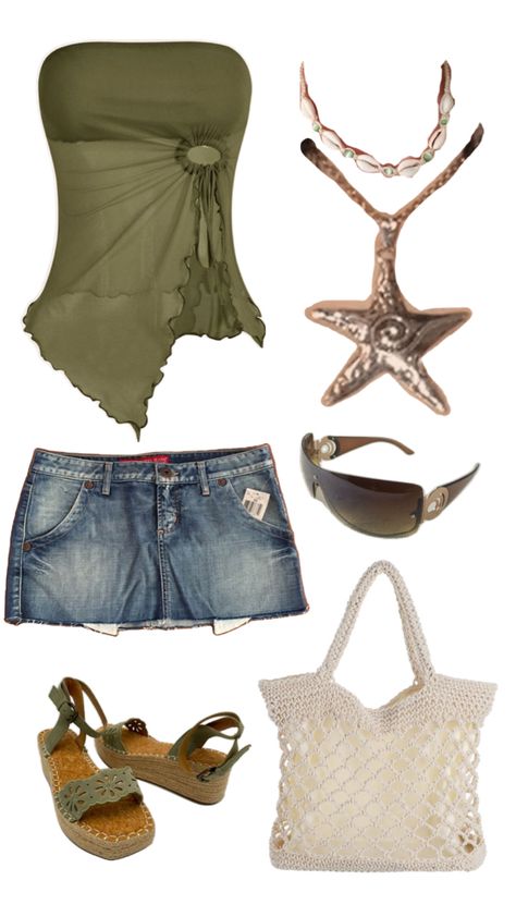 vintage green mini skirt tube top shein outfit inspiration inspo beach shells star Green Tube Top Outfit, Y2k Mini Skirt Outfit, Summer Y2k Outfits, Green Skirt Outfits, Tube Top Outfit, Tube Top Outfits, 2000s Outfit, Beach Shells, Top Summer Outfits