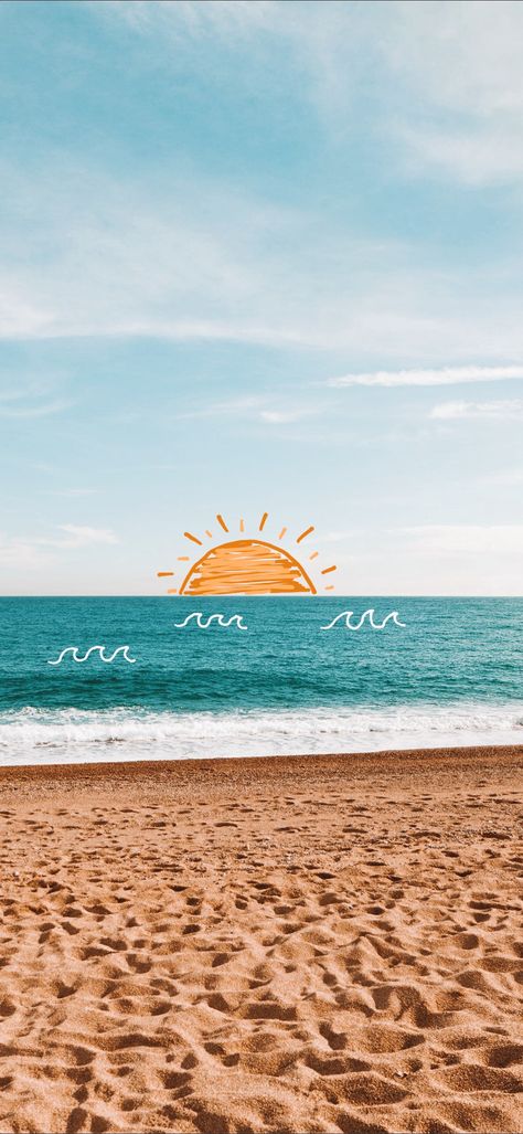 Drawing of sun over the ocean🦋✨🥥🌊☀️ Cute Summer Preppy Wallpapers, Sun And Beach Wallpaper, Summertime Aesthetic Wallpaper, Summer Asthetic Wallpers, Beachy Lockscreen, Beach Background Wallpapers, Beachy Wallpapers For Iphone, Summer Backgrounds Aesthetic, Beach Aesthetic Background