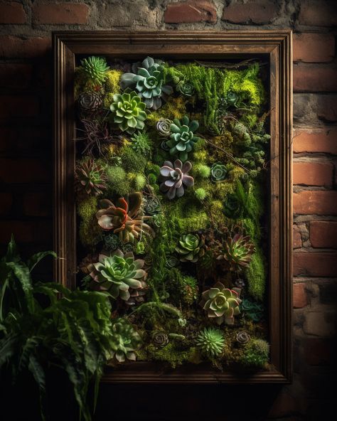 Moss wall in giant frame against brick wall, textured moss and succulents, boho decor ideas, green decor, decor ideas Moss Art Frame, Moss Wall Art Living Room, Moss Bookshelf, Moss Frame Art, Moss And Succulent Wall, Moss Mirrors, Moss Picture Frame, Moss Mirror, Succulent Wall Decor