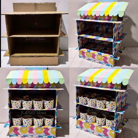 Hey, try this candies or cupcake stand using cardboard for your kids upcoming Birthday 🥳 Diy Candy Stand, Cupcake Stand Diy, Candy Stand Ideas, Candy Corner Ideas, Cardboard Cake Stand, Cardboard Cupcake Stand, Diy Cupcake Stand, Snack Stand, Cookie Stand