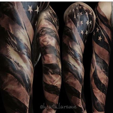 Military Sleeve Tattoo, American Flag Sleeve Tattoo, American Flag Tattoos, Shoulder Armor Tattoo, Navy Tattoos, Flag Tattoos, Patriotic Tattoos, Army Tattoos, Armor Tattoo