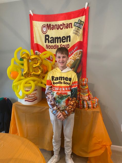 Ramen Noodle Birthday Party Decorations, Ramen Noodle Birthday Party Ideas, Maruchan Birthday Theme, Ramen Noodle Party, Ramen Themed Birthday, Maruchan Party Ideas, Ramen Noodle Birthday Party, Ramen Noodle Costume, Ramen Party Ideas