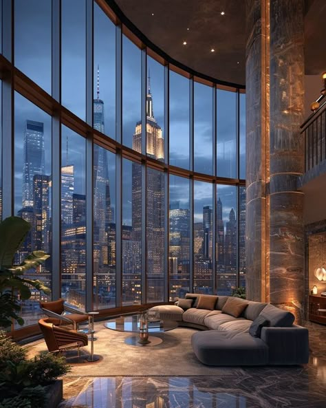 Cozy Luxury Living Room, Penthouse Aesthetic, Cool Mansions, View Of New York City, Glass House Design, Luxurious Apartment, Luxury Modern Homes, Tiny House Loft, Building House Plans Designs