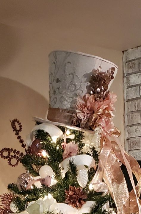 Pink And White Christmas Tree, Top Hat Tree Topper, Pink And White Christmas, Diy Tree Topper, Victorian Top, Hat Tree, Christmas Tree Top, Christmas Tree Hat, Christmas Tree Tops