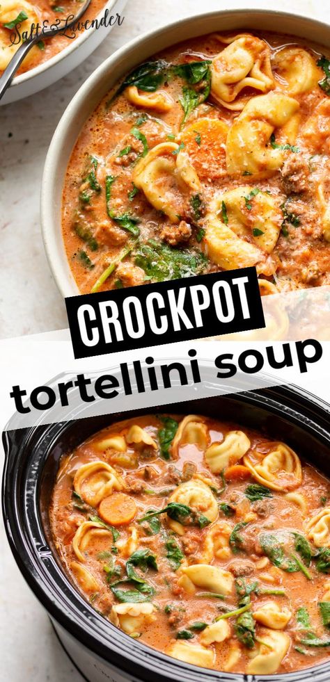 Crockpot Recipes Tortellini Soup, Essen, Crockpot Soup Tortellini, Tuscan Tortellini Soup Crock Pot, Easy Dump And Go Crockpot Soups, Easy Cozy Crockpot Meals, Good Healthy Soups, Soups For Fall Crock Pot, Meatball Tortellini Soup Crockpot