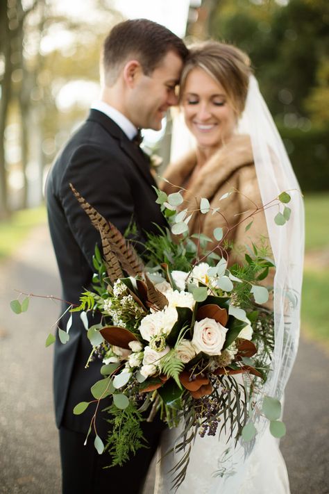 DRUMORE ESTATE WEDDING, LANCASTER PA // LAUREN + JOEL | Janae Rose Photography Blog Wedding With Pheasant Feathers, Bridal Bouquet With Pheasant Feathers, Wedding Decor With Feathers, Duck Feathers Wedding, Fern Wedding Arrangement, Wedding Bouquet With Pheasant Feathers, Pheasant Feather Floral Arrangements, Wedding Pheasant Feathers, Wedding Flowers With Pheasant Feathers