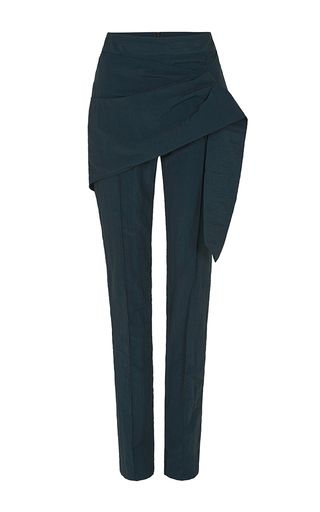 These **Maticevski** trousers feature a high waist, a wrap front, and straight… Asymmetrical Top Outfit, Wrap Trousers, Wrap Pants, Pants High Waisted, Nylon Pants, Blue Trousers, Pants Blue, High Rise Pants, Asymmetrical Tops