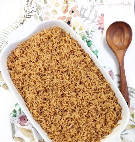 Mama’s Brown Rice (Not the Healthy Kind, the Beefy, Buttery Kind!) Savory Brown Rice Recipes, Brown Rice Oven Recipe, Brown Rice Recipes Beef Consume, Southern Brown Rice, Creamy Brown Rice, Beef Consomme Rice, Brown Rice Casserole Recipes, Butter Brown Rice, Recipes For Vegetables