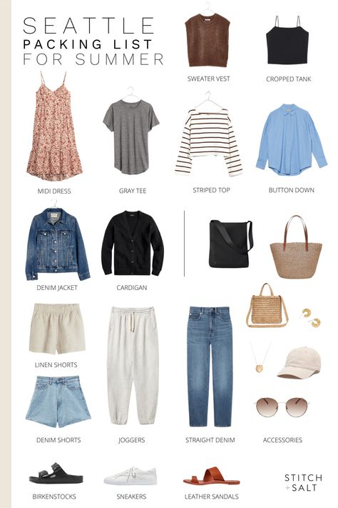 Seattle Packing List, Planning 2023, Trip Outfit Summer, Travel Capsule Wardrobe Summer, Seattle Vacation, Outfit Planning, Seattle Fashion, Packing Clothes, Travel Capsule Wardrobe