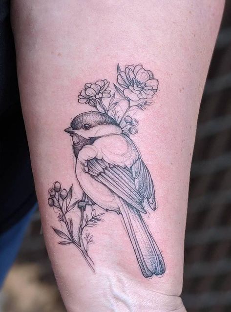 Chickadee Tattoo Simple, Chickadee Tattoo Flowers, Fat Bird Tattoo, Flying Chickadee Tattoo, Black And Grey Bird Tattoo, Tiny Chickadee Tattoo, Sunflower Chickadee Tattoo, Two Chickadees Tattoo, Black Capped Chickadee Tattoo